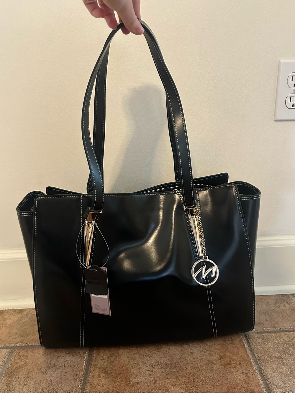 NWT Black Leather Tote Bag with Gold Accents